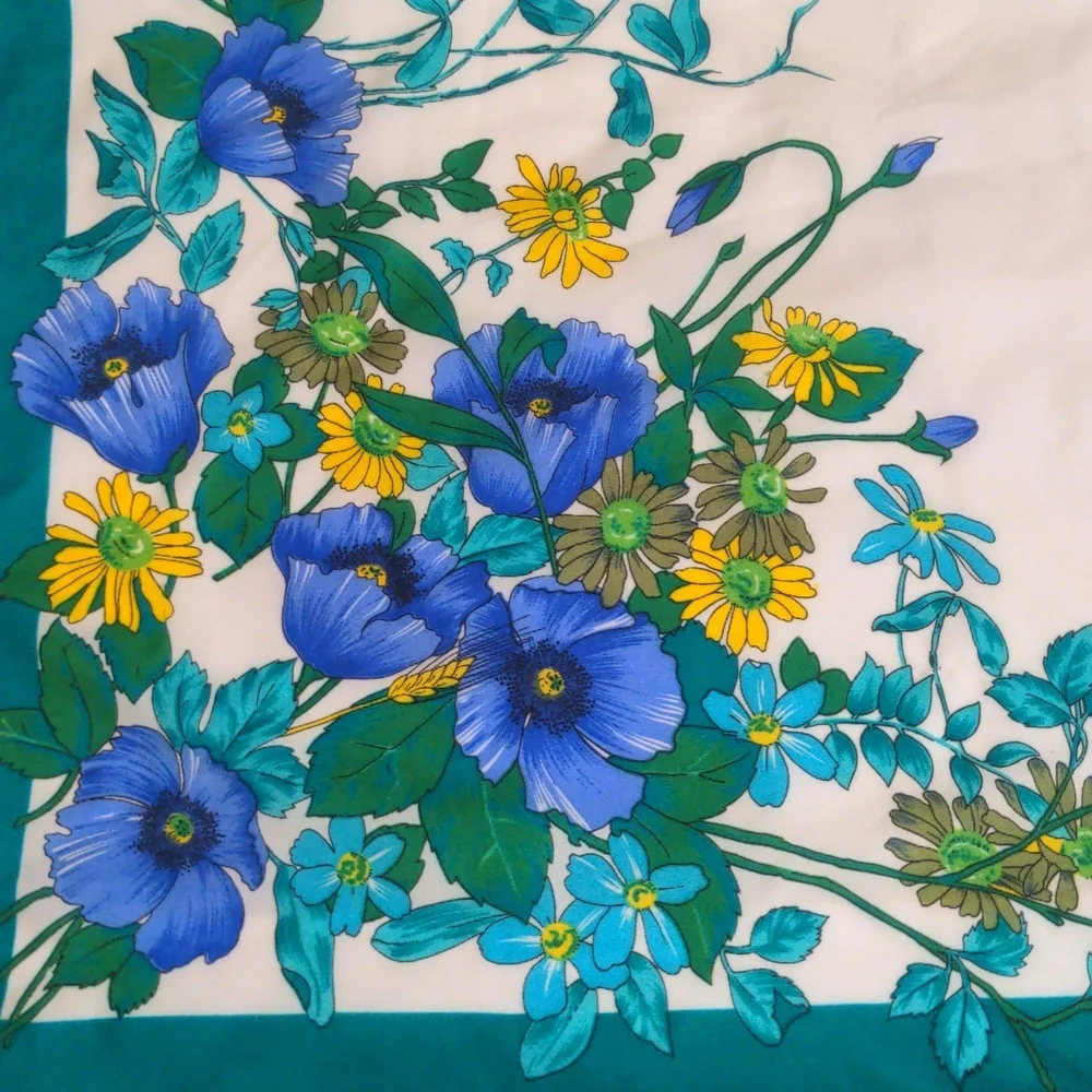 Vintage 60s Floral Scarf Italy Teal and White Garden Cottagecore Spring Summer